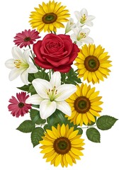 Naklejka premium Romantic Mixed Flower Bouquet with Roses and Sunflowers