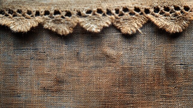 Rustic brown burlap fabric texture with a decorative handmade lace border, creating a vintage and natural sackcloth background for design