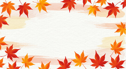 秋の紅葉モチーフの和風背景、和紙テクスチャ、水墨画風、フレーム