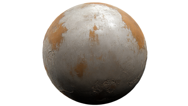 Round, pale orange-tan planet, textured surface, light gray patches