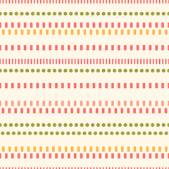 Geometrical stripes vector seamless pattern. Bright colorful parallel dashed and dotted lines on pastel off-white background. Simple modern horizontal ornament tile for fabrics, wallpaper, print