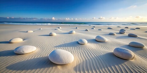 Serene Coastal Scene Smooth, White Stones Resting on a Sandy Beach Under a Bright Blue Sky