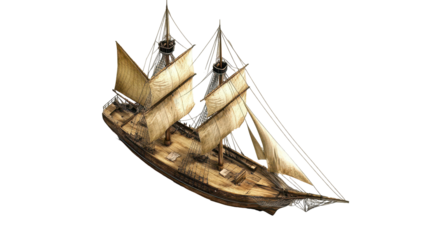 Detailed model of a sailing ship, light beige hull, multiple sails