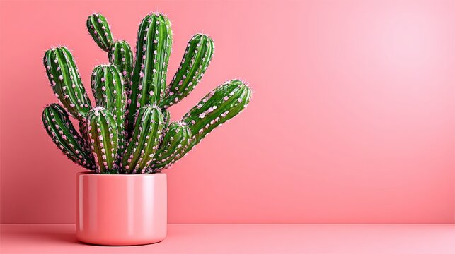 Minimalist pure color background for product photography with a single potted cactus as the highlight, studio shot, high resolution, product mockup, and copy space concept for branding or advertising 