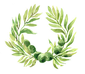watercolor sketch of a wreath of olive branches