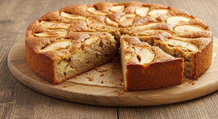 Photo of Delicious Apple Cake on Wooden Board with Cinnamon and Brown Tone