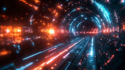 Tech tunnel with glowing blue and orange lights, abstract and futuristic design