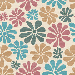 Retro Abstract Floral Blobs in Earth Tones on Linen Texture