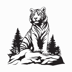 Bengal Tiger Standing Proud Against a Backdrop of Mountains Image Vector.