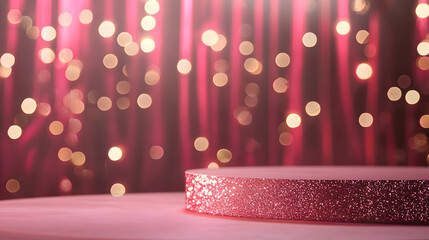 Pink Glitter Podium: Elegant pink glitter podium with bokeh lights background, perfect for product display or presentation.