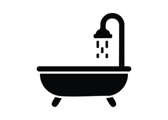 Minimalist black and white vector icon of a bathtub with shower head and running water