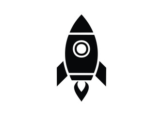 Simple black rocket ship icon on white background representing space travel and innovation
