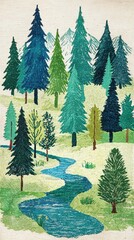 Fototapeta premium Thread-stitched forest scene with stream and tall pines, suitable for nature lovers, handmade wall art, and tranquil fabric designs.