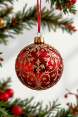 Beautiful red Christmas ornament with intricate gold designs hanging on festive tree