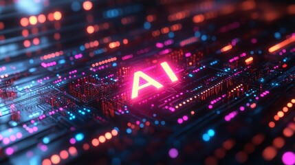 AI illuminated! Circuit board with glowing 'AI' text, surrounded by vivid, abstract data visualization