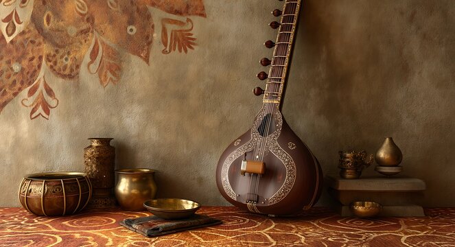 Traditional Indian decor scene with a veena placed against an earthy wall, rangoli art on the floor and brass accents.