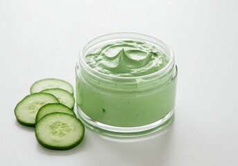 Photo of Green Cream and Cucumber Slices on White Background