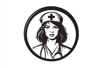 A black icon of a nurse with shoulder-length hair and a cross on her hat, set inside a circular frame, on a white background