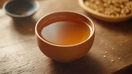 Warm cup of tea on wooden table