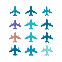 Airplane icon set. Aircraft vector sign. Airport arrival departure symbol. Plane icon set. Airplane icon vector. Flight transport symbol. Travel illustration. Holiday symbol. 

