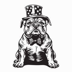 English Bulldog In Uncle Sam Hat And Bow Tie Image vector isolated on white background.