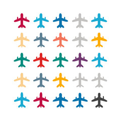 Airplane icon set. Aircraft vector sign. Airport arrival departure symbol. Plane icon set. Airplane icon vector. Flight transport symbol. Travel illustration. Holiday symbol. 
