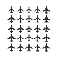 Airplane icon set. Aircraft vector sign. Airport arrival departure symbol. Plane icon set. Airplane icon vector. Flight transport symbol. Travel illustration. Holiday symbol. 
