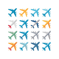 Airplane icon set. Aircraft vector sign. Airport arrival departure symbol. Plane icon set. Airplane icon vector. Flight transport symbol. Travel illustration. Holiday symbol. 
