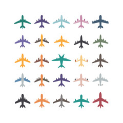 Airplane icon set. Aircraft vector sign. Airport arrival departure symbol. Plane icon set. Airplane icon vector. Flight transport symbol. Travel illustration. Holiday symbol. 
