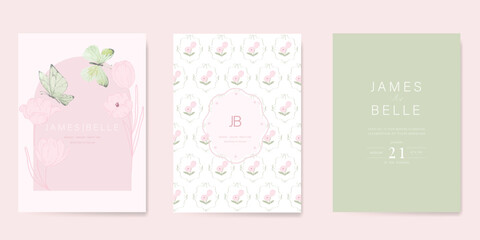 Elegant wedding invitation card vector. Minimal hand painted watercolor tulip flowers and butterfly texture template background. Design illustration for wedding, vip cover, poster, rsvp modern card.