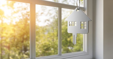 An image of a house-shaped keychain and keys set against a blurred window background