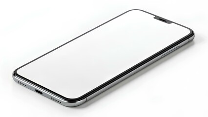 Mockup is a modern smartphone with an empty, clean white screen on a white background, viewed from an angle. A layout for screenshots, advertising, communication concepts, technology, business
