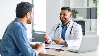 A doctor in a white coat smiles and gestures while consulting with a male patient at a desk in a bright office.