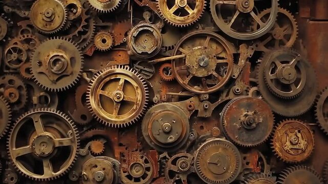 A complex arrangement of rusty, interlocked gears