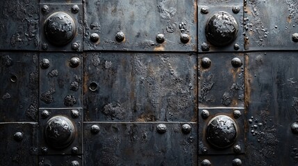 Fototapeta premium Close-up of an ancient black metal fortress door with large rivets and a weathered, textured surface showcasing strength and time