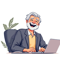 Vsai happy senior businessman working on laptop and laughing