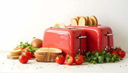 Toasting Bread with Red Toaster and Fresh Vegetables