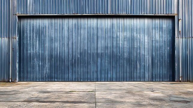 Blue corrugated metal warehouse door with a weathered concrete floor for an urban industrial background