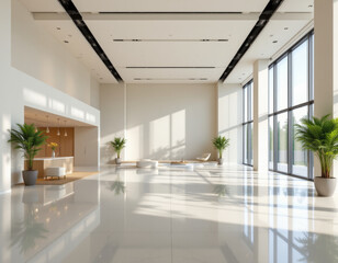 Fototapeta premium Modern spacious lobby with large windows and natural light, featuring plants and minimalist