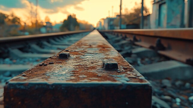 Journey along an old, weathered railway track with rusty rails gleaming in the warm light of a golden hour sunset