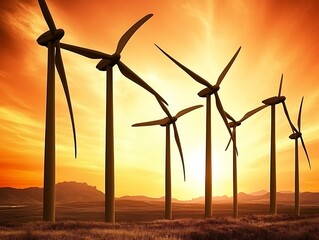 A Sunset Scene with the Silhouette of Wind Turbines Against an Orange, Gradient Sky