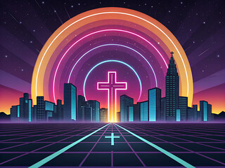 Urban skyline with rainbow light and glowing cross at golden sunset / Ciudad futurista con luz de arcoíris y cruz luminosa en un atardecer dorado Futuristic Neon Cross with Cityscape