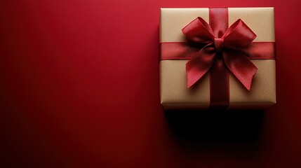 Red Gift Box with Ribbon on Red Background: Top-Down View Commercial Imagery for Holiday Promotions and E-commerce Visuals