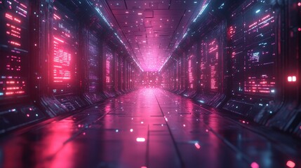 Futuristic corridor illuminated with neon light and digital displays along the walls