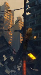 Urban Decay Dystopian Landscape: Towering Ruins and Dramatic Lighting in a Post-Apocalyptic World with Broken Architecture and Eerie Twilight Atmosphere