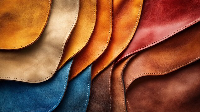 A vibrant assortment of multi-colored natural leather material swatches layered to showcase rich textures and grains for artisan crafting