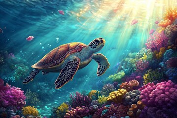 Obraz premium A sea turtle glides through clear ocean waters over a vibrant coral reef, bathed in sunlight streaming from above
