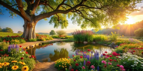 Serene Garden Oasis Majestic Tree Shades Tranquil Pond Amidst Vibrant Blossoms at Golden Hour