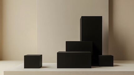 Black cube display podiums on a neutral background.