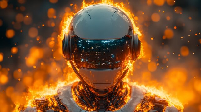 Futuristic figure wearing helmet surrounded by fire and sparks, reflective cityscape visor